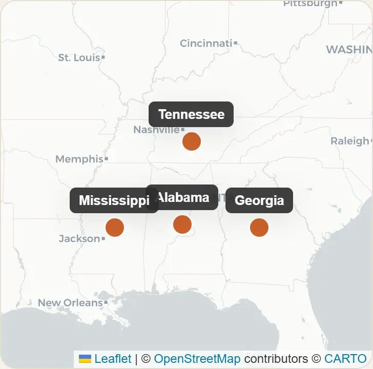 Map showing service-area markers on Alabama, Mississippi, Tennessee and Georgia