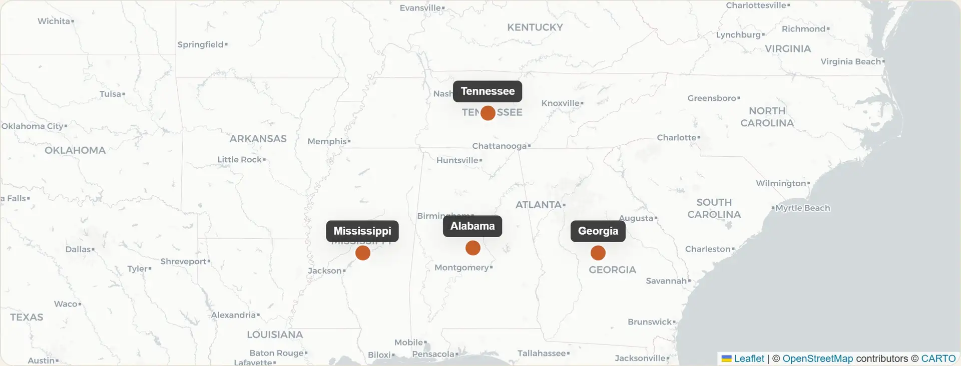 Map showing service-area markers on Alabama, Mississippi, Tennessee and Georgia